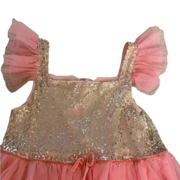 Gold Sequin Coral Tulle Sleeveless Layered Pink Princess Dress SZ 6/7 # 1564 - Picture 2 of 8